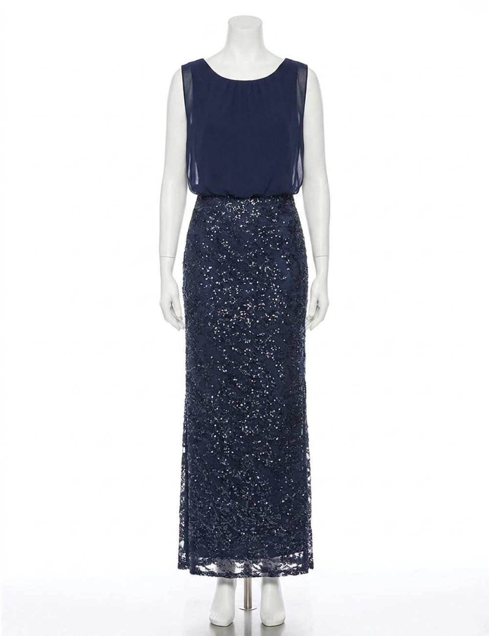 NEW AIDAN MATTOX overlay sequined long evening dress in navy